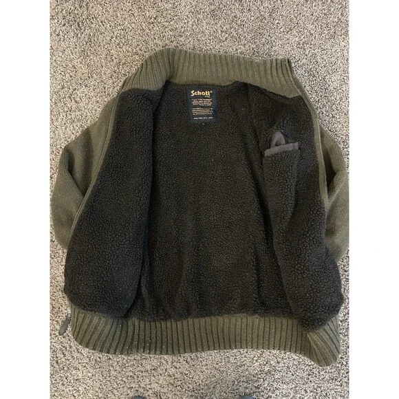 SCHOTT BROS NYC Heavyweight Sherpa Cable Sweater Jacket Army Garment  M85-237-04 - Picture 2 of 7